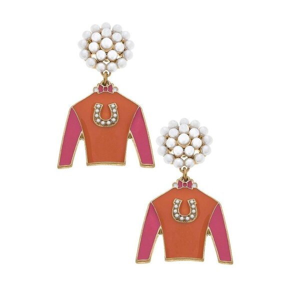 Riva Ridge Jockey Silk Enamel Drop Earrings in Orange & Pink - Picture 1 of 1